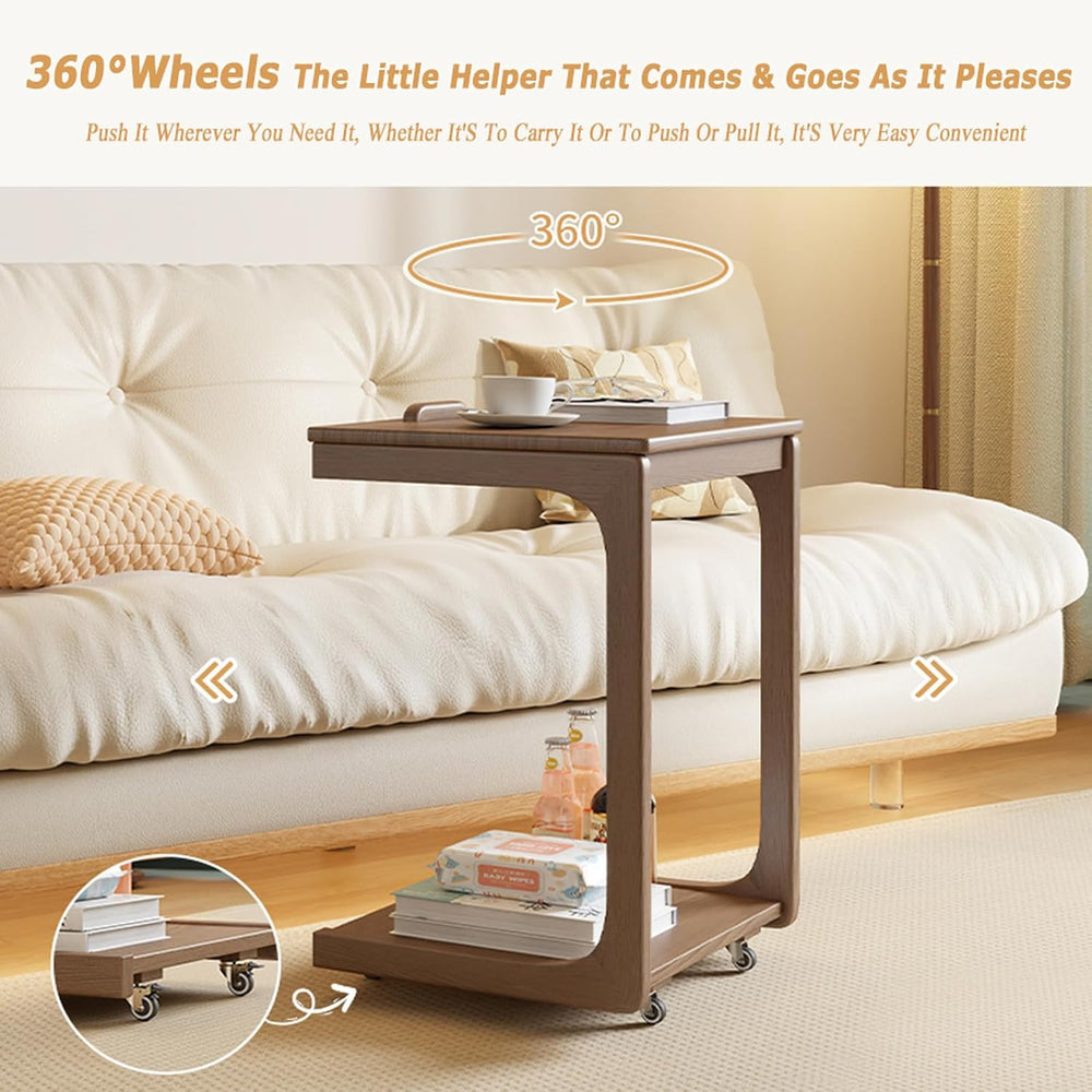 C Shaped Adjustable Solid Wood TV Tray Table with Wheels - Removable Side Tab...