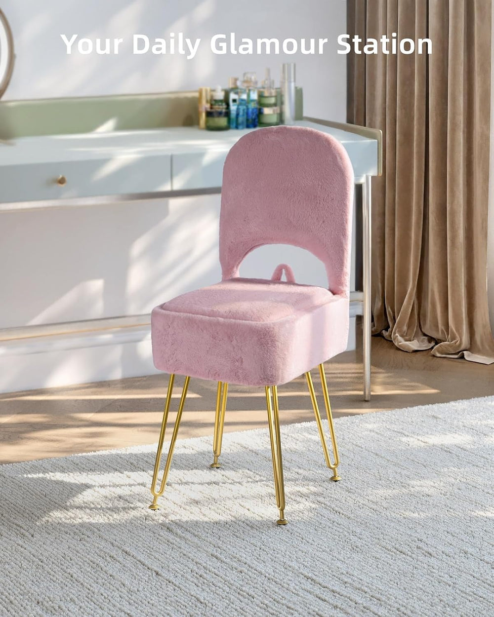 Pink Vanity Chair with Storage and Back for Teens - Faux Fur Makeup Vanity St...