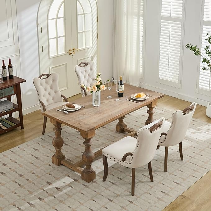 Beige Velvet Dining Chairs Set of 6，Modern Upholstered Dining Room Chairs with Tufted Back and Wood Accents, Curved Solid Wood Legs & Nailhead Trim, Sillas De Comedor Modernas 6