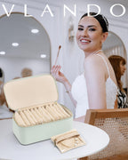 Vlando Jewelry Organizer with 12 Velvet Jewelry Bags Travel Jewelry Case for Girls Premium Petal Hardware Jewelry Box Necklace Rings Earrings Bags Birthday Christmas Gifts for Self-Mint Green