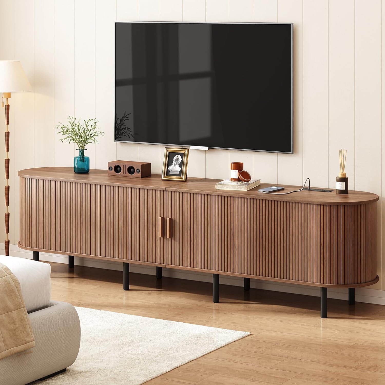 86.6" TV Stand with Power Outlet for TVs up to 90 Inch, Entertainment Center with Storage and Adjustable Shelves, Modern Media Console with Sliding Doors for Living Room, Walnut