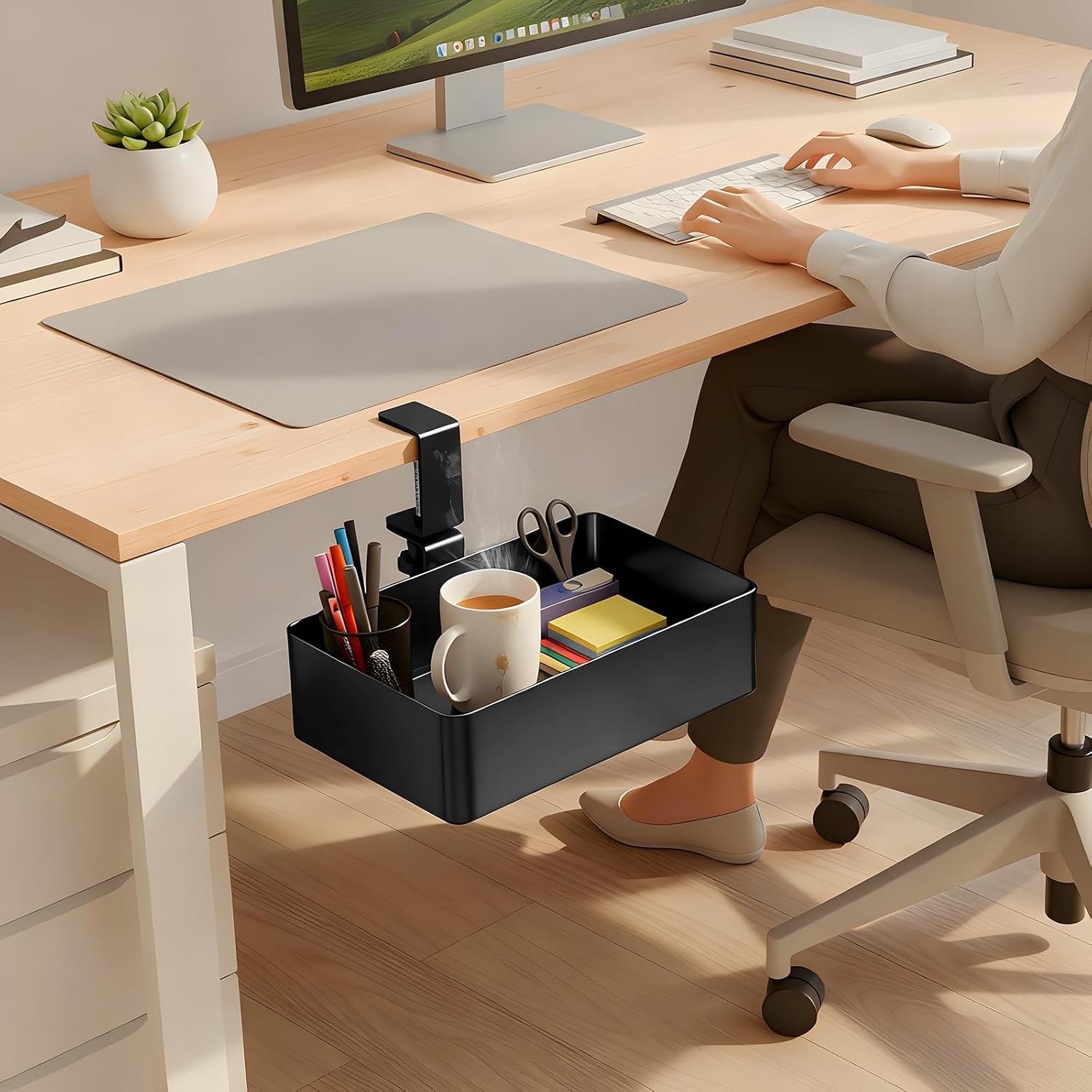 MYITYARD Under Desk Organizer, 360° Rotating Desk Cup Holder Clamp, Clamp on Drawer Under Desk Storage Organizer with Game Console, Phone, Cable Management for Office and Home (Rectangular)