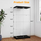 Tempered Glass Display Cabinet with Lights, 4-Tier Curio Cabinet with Glass Doors Wheels Two Locks, Glass Display Case for Collectibles for Living Room, Bedroom, Office, Black, Double Door