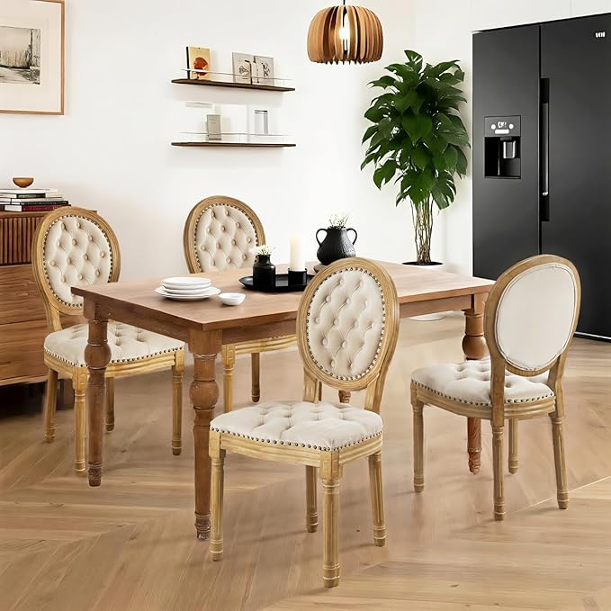 French Country Dining Chairs Set of 4,Farmhouse Upholstered Dining Room Chairs with Tufted Round Back&Solid Leg,Velvet Kitchen Side Chairs for Kitchen/Bedroom/Dining Room,Beige