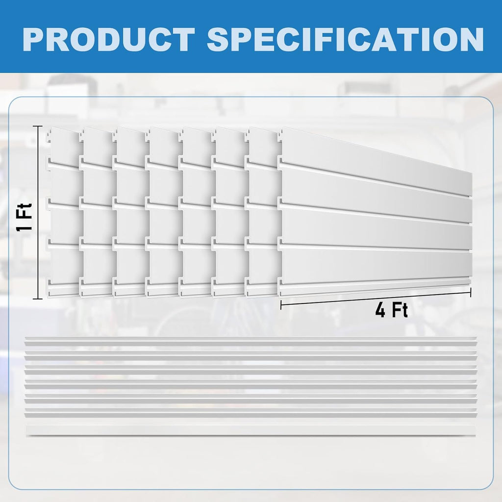 Duzzy Slatwall Panels, 4' H x 8' W PVC Slat Wall Paneling for Garage Wall Storage Organizer (White)