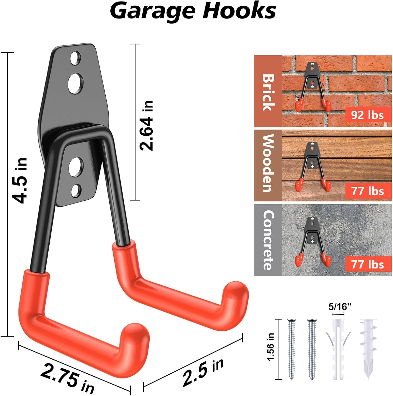 4 Pack Heavy Duty Garage Hooks,Solid Steel Wall Mount Hangers,with Anti-Slip Coating,for Hanging and Organising Ladder,Bike,Ropes,Broom,Garden,Yard and Power Tools(4.5x2.75 inch)