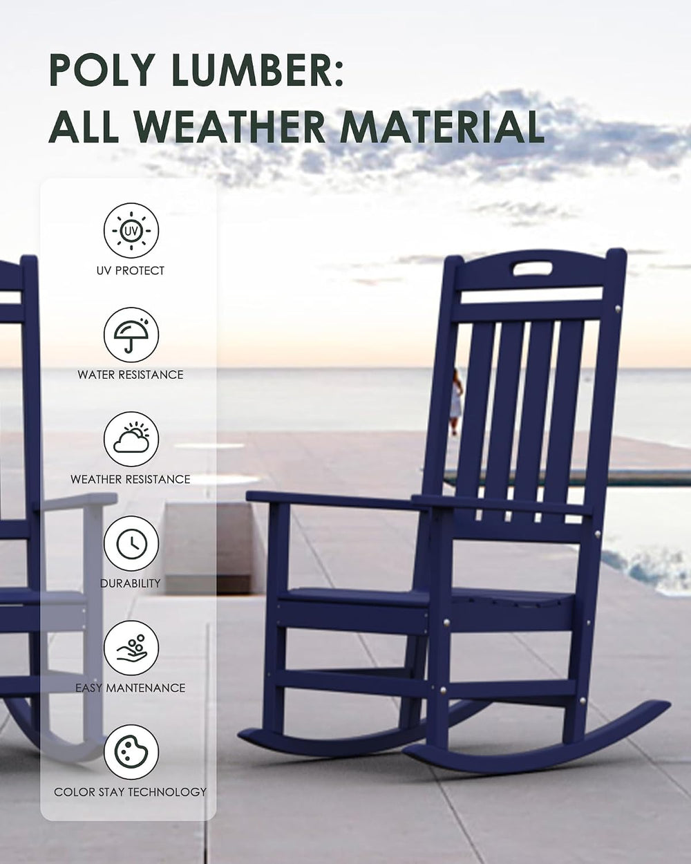 Outdoor Rocking Chair Set of 4, All-Weather Resistant Poly Lumber Rocker Chai...