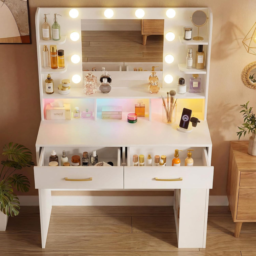 LUCKRACER Vanity Desk with LED Lights Mirror & Charging Station, Makeup V...