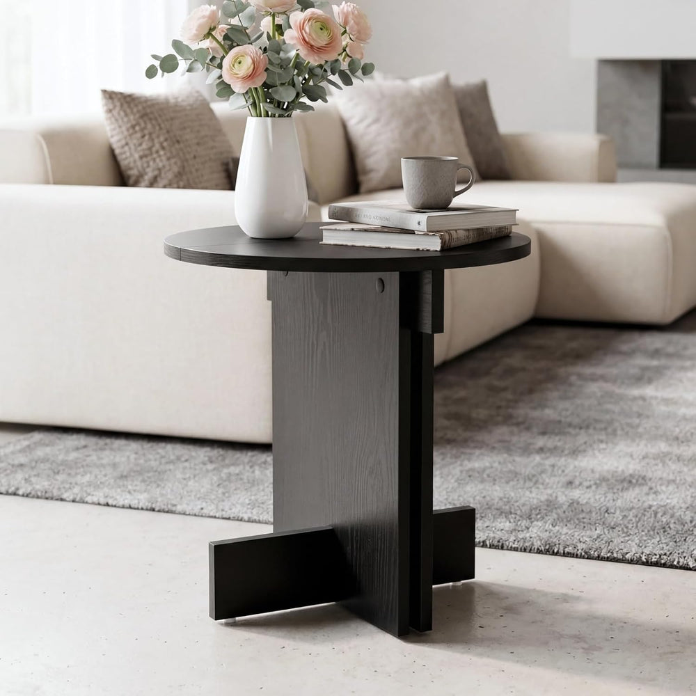 Ya-Home Black Round Side Table, Modern Accent Coffee Table End Table with Woo...