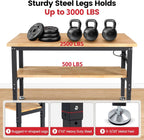 Adjustable Height Work Bench 60x 22 Workbench for Garage Work Table with Under Table Shelf for Shop Woodworking, Heavy Duty Rubber Wood Top for Office, Home, Commercial