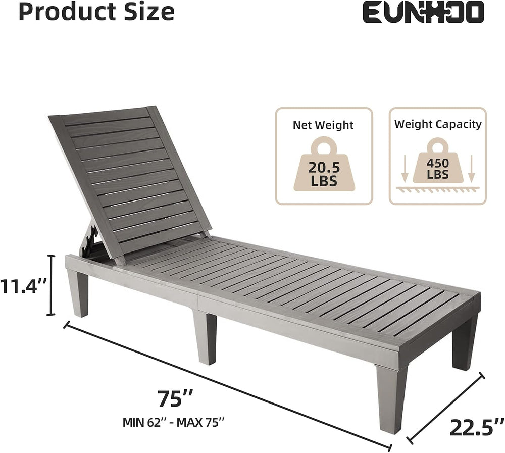 EUNHOO Outdoor Chaise Lounge Set of 2, Adjustable Pool Lounge Chair with 5 Po...