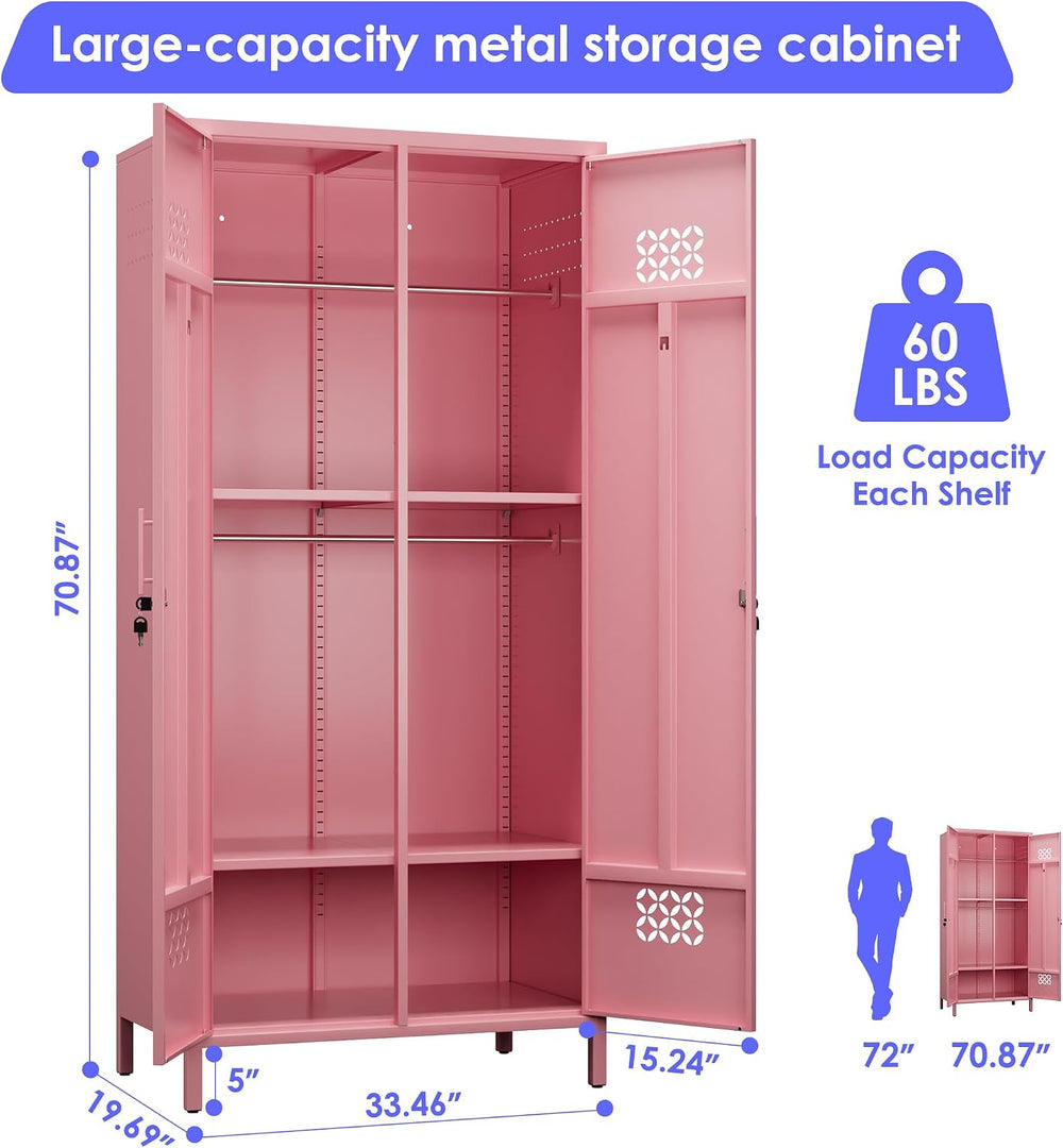 METAN Pink Metal Wardrobe Cabinet with Lock, 20-Inch Deep, 2 Doors | 71"...