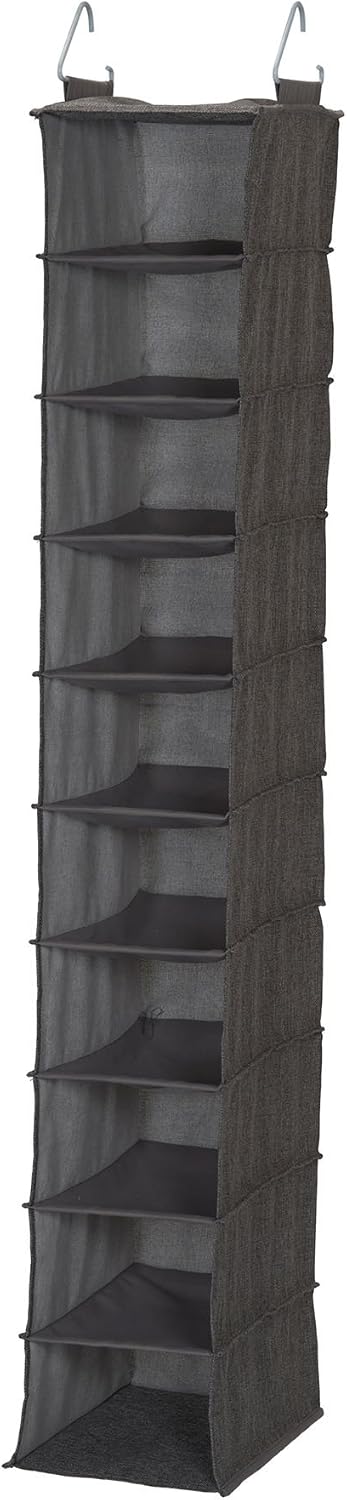 Household Essentials 10-Shelf Wide Hanging Shoe Organizer, Soft and Durable Polyester, Versatile, Breathable, Stylish, Compact, Sturdy Hooks for Rod or Wire Closets, Gray
