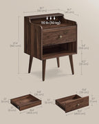 VASAGLE Nightstands, Set of 2, Bedside Tables with Hidden Drawers, Mid-Century End Side Tables with Solid Wood Legs, for Bedroom, Natural Walnut ULET624K01