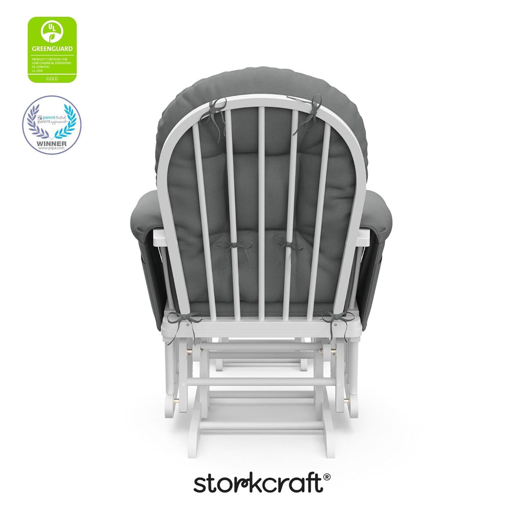 Storkcraft Premium Hoop Glider & Ottoman (White/Gray) — GREENGUARD Gold Certified Nursery Glider, Solid Wood Craftsmanship, Smooth-Gliding, Award-Winning