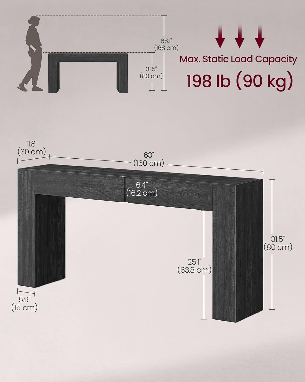 VASAGLE 63 Inches Entryway Table, Thick Tabletop Console Table, Farmhouse