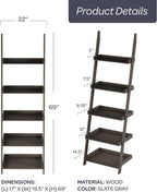 5-Tier Ladder Bookshelf - Freestanding Wooden Bookcase Frame with Leaning Look Shelves for Home and Office Storage by Lavish Home (Gray)