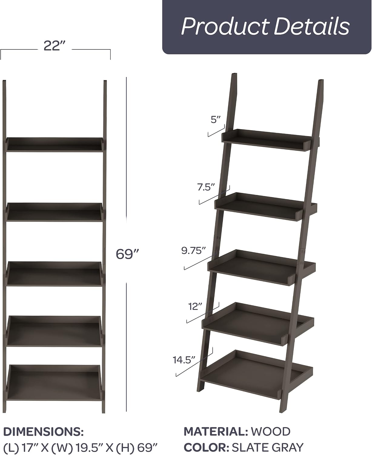 5-Tier Ladder Bookshelf - Freestanding Wooden Bookcase Frame with Leaning Look Shelves for Home and Office Storage by Lavish Home (Gray)