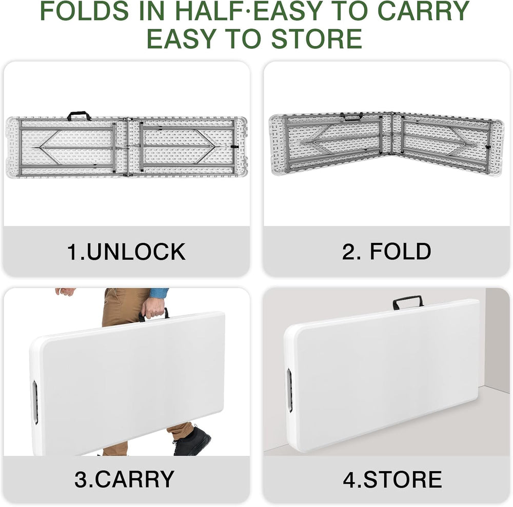 6FT Narrow Folding Table, Fold in Half, Portable, White