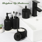 Matte Black Bathroom Accessories Set, 4 Pack Black Bath Accessory Sets Complete, Diamond Glass Soap Dispenser and Toothbrush Holder Set for Countertop, Gothic Decor Organizer Essentials