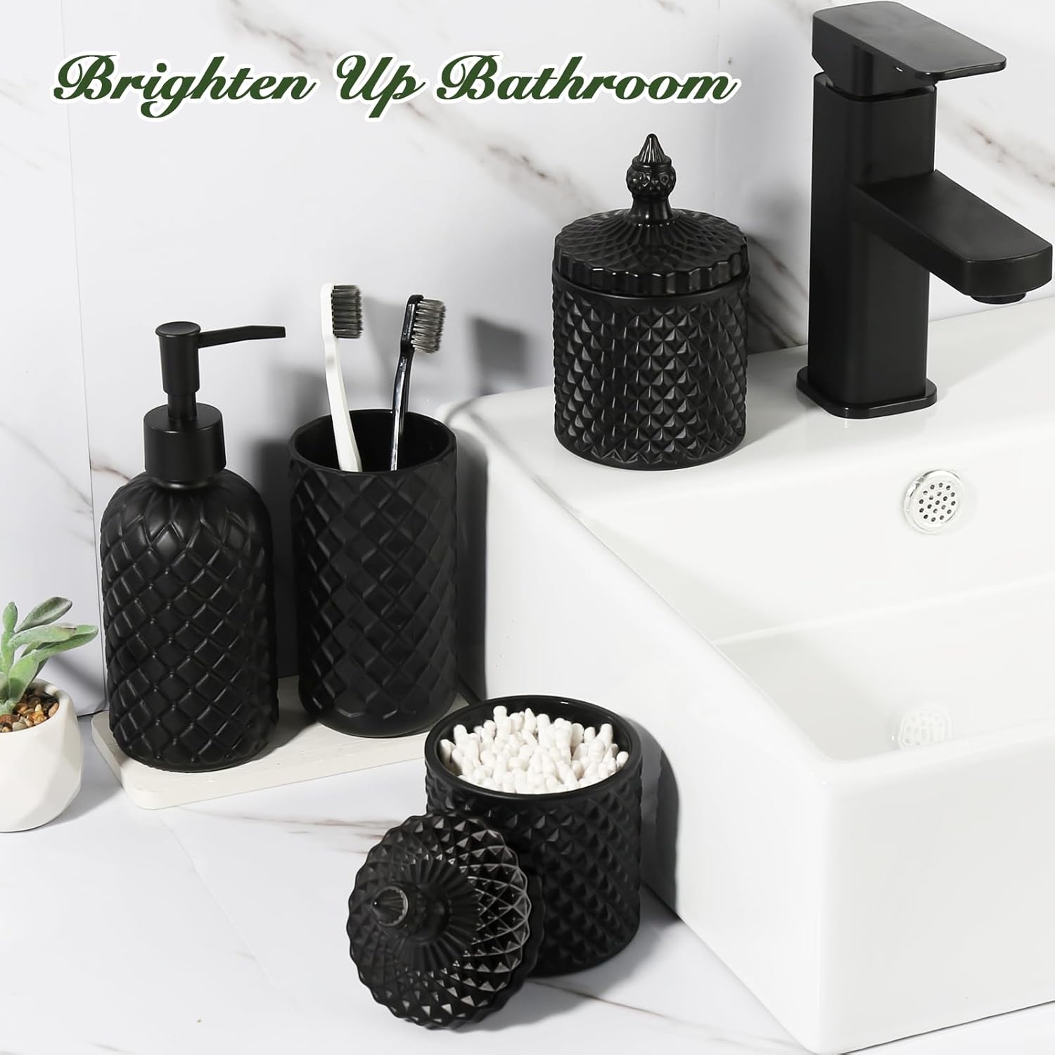 Matte Black Bathroom Accessories Set, 4 Pack Black Bath Accessory Sets Complete, Diamond Glass Soap Dispenser and Toothbrush Holder Set for Countertop, Gothic Decor Organizer Essentials