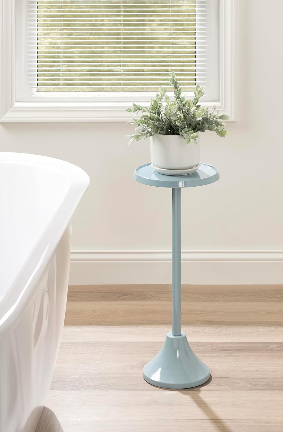 Kate and Laurel Sanzo Modern Round Metal Pedestal Drink Table, 9 x 9 x 23, Light Blue, Decorative Martini Table with Trumpet Base for Use as Indoor Plant Stand or Living Room Mini Table
