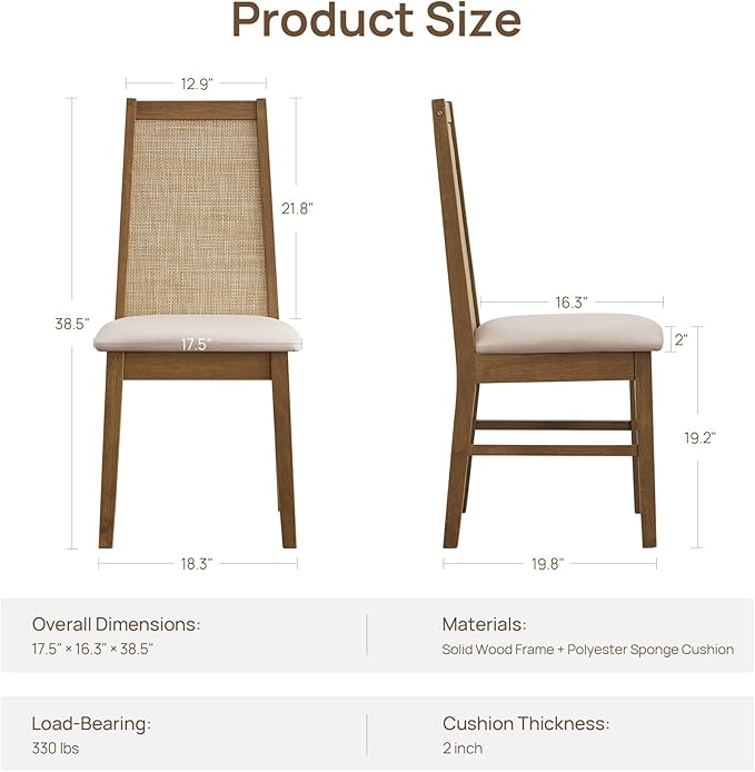 SICOTAS Rattan Dining Chairs Set of 6 - Solid Wood Dining Room Chairs with Rattan Decor High Back, Farmhouse Upholstered Kitchen Chairs, Modern Armless Dining Chair for Dining Room, Kitchen, Oak, 6PCS