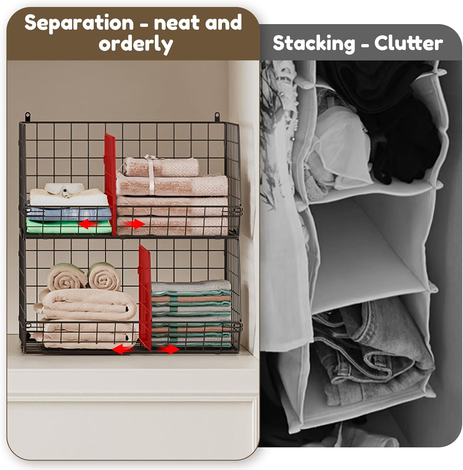 4 Tier Hanging Closet Organizer with Dividers,Extra Large Storage Hanging Shelf with 5 S Hooks 4 Dividers,Hang on Wire Closet Shelving Clothes Organizer-Black