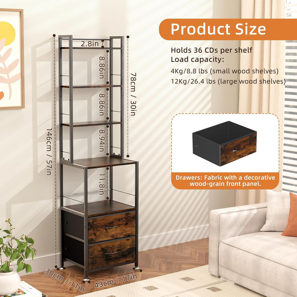 CD Rack and Storage with Two Drawers, 7-Tier DVD Shelf and Rack, CD Storage Tower and Holder for DVDs, Books and Media Games, Movie Collection and Decor, Ideal for Living Room, Home