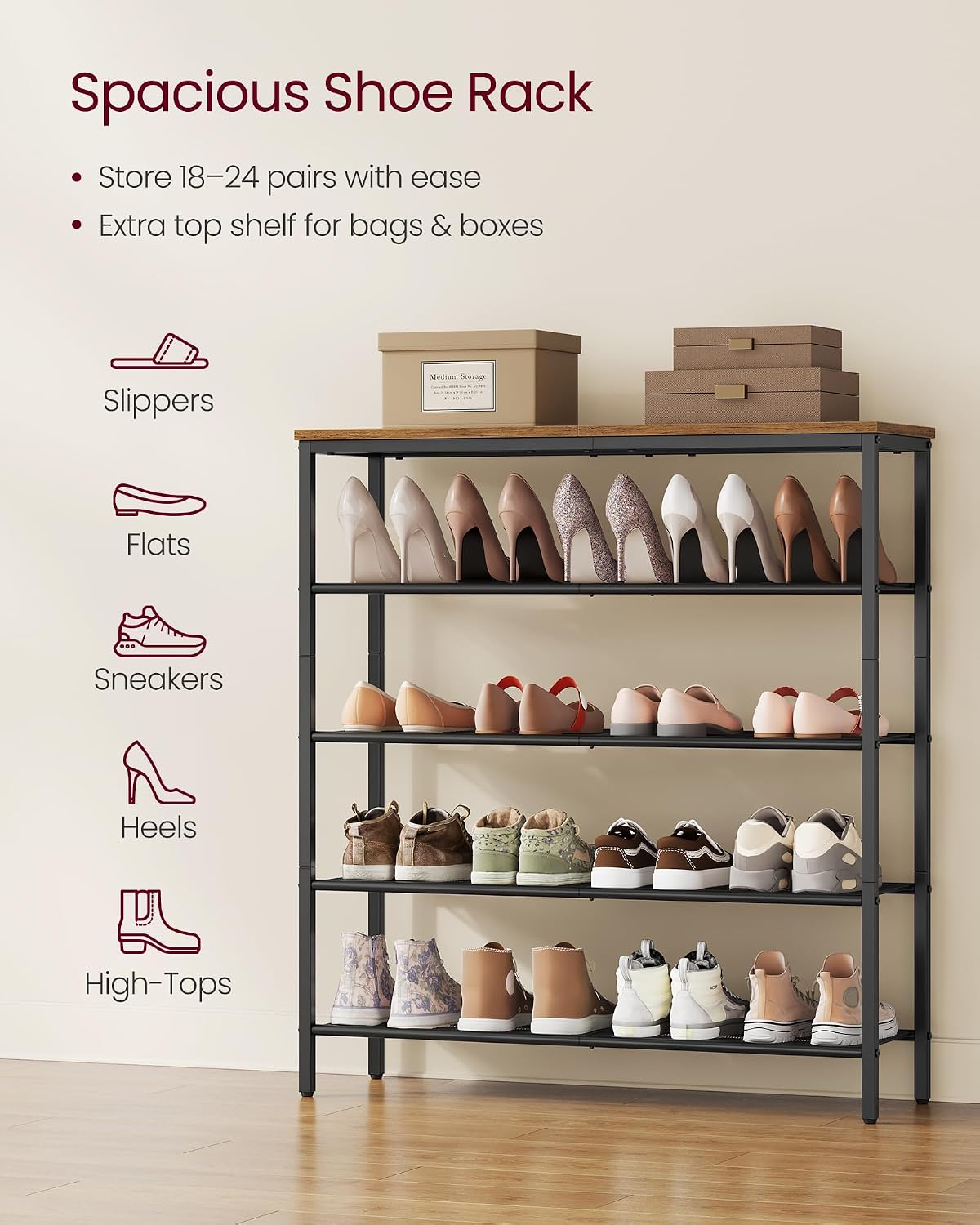 VASAGLE 5-Tier Shoe Rack, Large Shoe Storage Organizer for Closet, Entryway, 18-24 Pairs, with 4 Metal Mesh Shelves, 10.8 x 29.5 x 36.6 Inches, Rustic Brown and Black ULBS115KD01