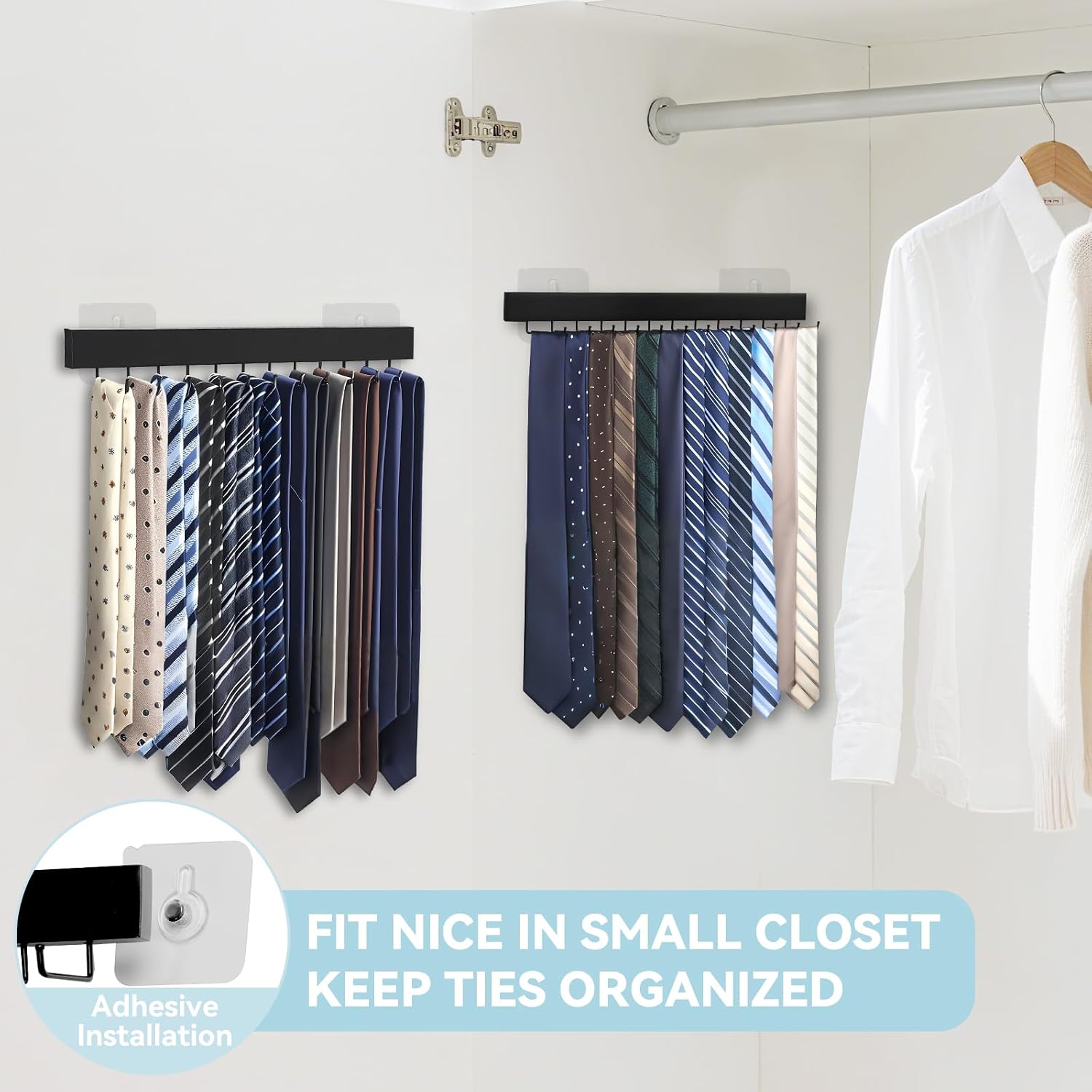 Tie Rack Wall Mount, Adhesive Wooden Closet Tie Hanger with 24 Metal Hooks, Large Capacity, 2 Installation Options, Black, 2 Pcs