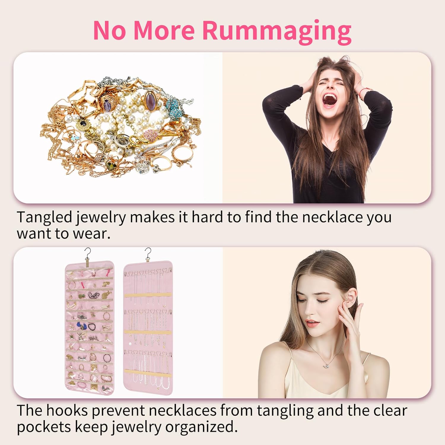 Bloss Hanging Jewelry Organizer with 48 Pockets, Double-Size Hanging Jewelrys Holder with Hanger Hooks, Jewelry Organizers and Storage for Earrings, Necklaces and Rings,Pink