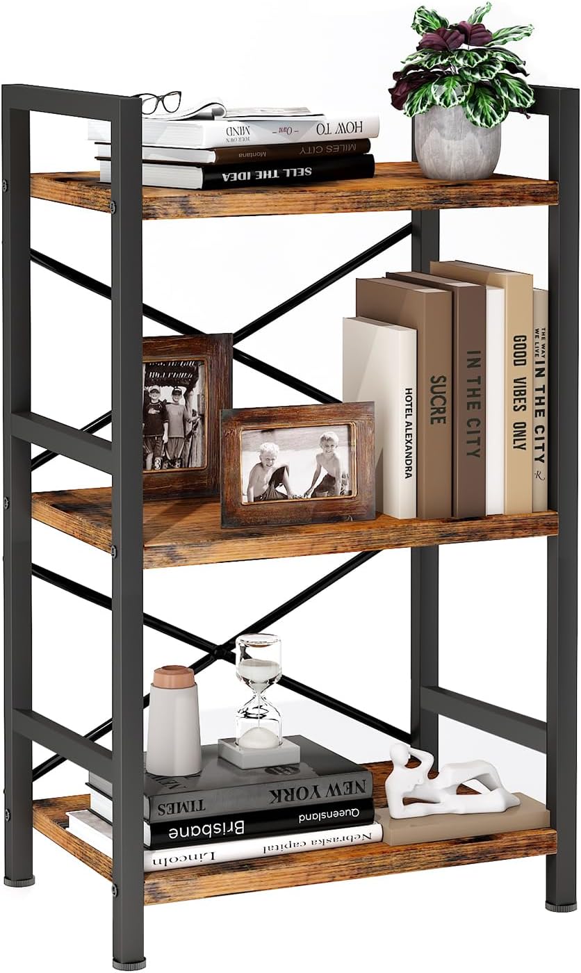 Homeiju Bookshelf, 3 Tier Industrial Bookcase, Metal Small Bookcase, Rustic Etagere Book Shelf Storage Organizer for Living Room, Bedroom, and Home Office(Rustic Brown) Patent Pending D29873033