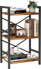 Homeiju Bookshelf, 3 Tier Industrial Bookcase, Metal Small Bookcase, Rustic Etagere Book Shelf Storage Organizer for Living Room, Bedroom, and Home Office(Rustic Brown) Patent Pending D29873033