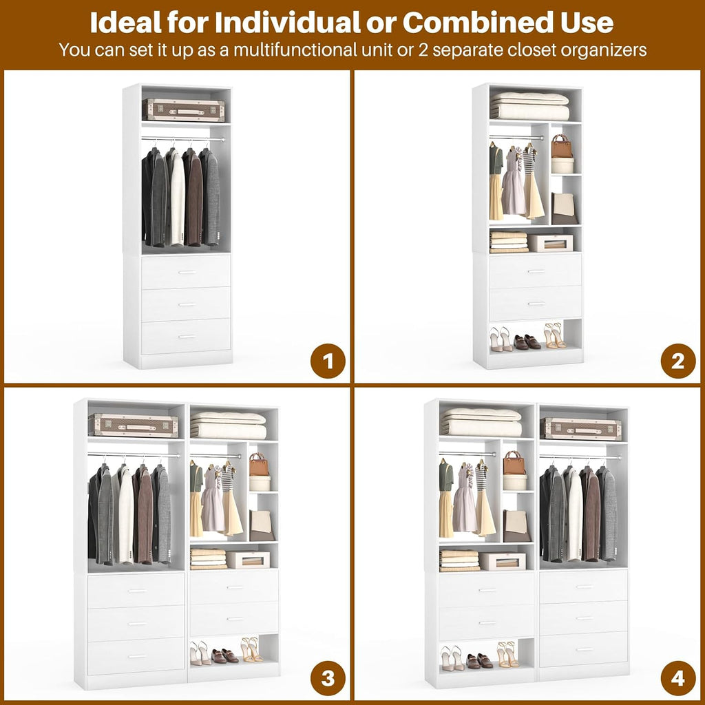 Besiost 4FT Closet Systems with 5 Drawers, 48" Closet Organizer System | Wood Closet Organizer with 2 Hanging Rods & 7 Shelves, Heavy Duty 48" Walk-in Closet for Nusery, White (48"L x 15" W x 80" H)