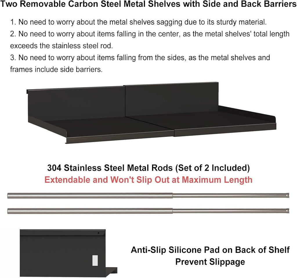Expandable Under Cabinet Shelf Organizer with 1.25 Inches Thick Clips, Heavy Duty Extendable Under Shelf Storage Basket for Pantry or Laundry Room, Black, 1 Pack, Interior: 5.7" H x 8.54" D