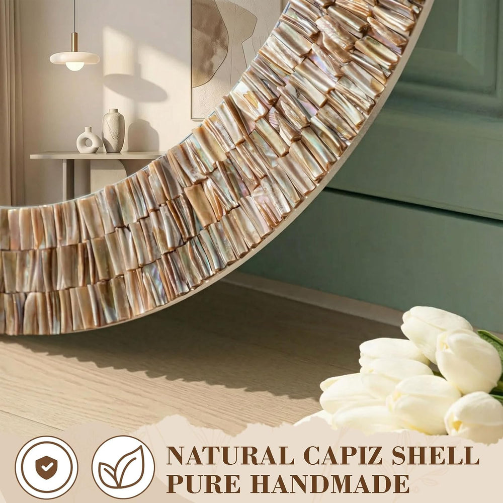 Sintuff Large 24 Inch Round Capiz Shell Mirror Coastal Seashell Wall Decor