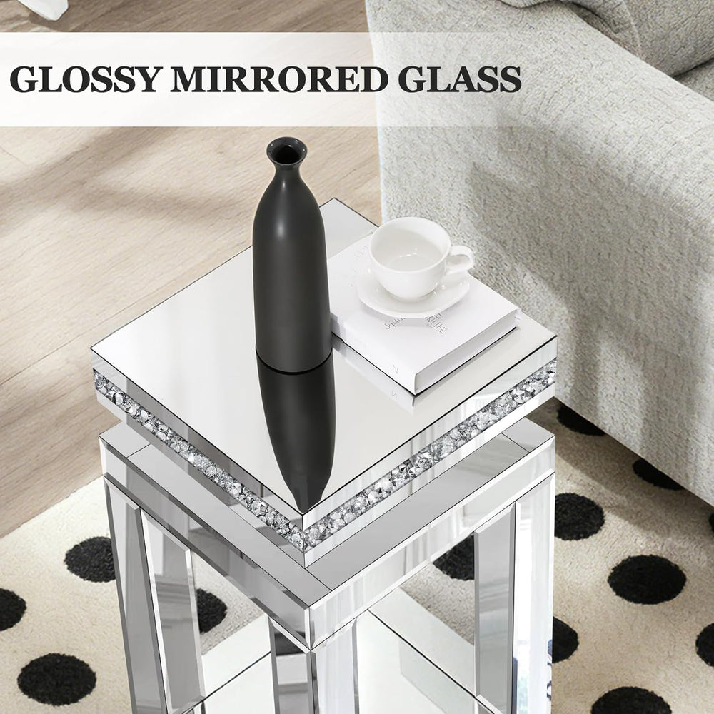 Silver Mirrored End Table, Modern Crushed Diamond Accent Tables, Small Side C...