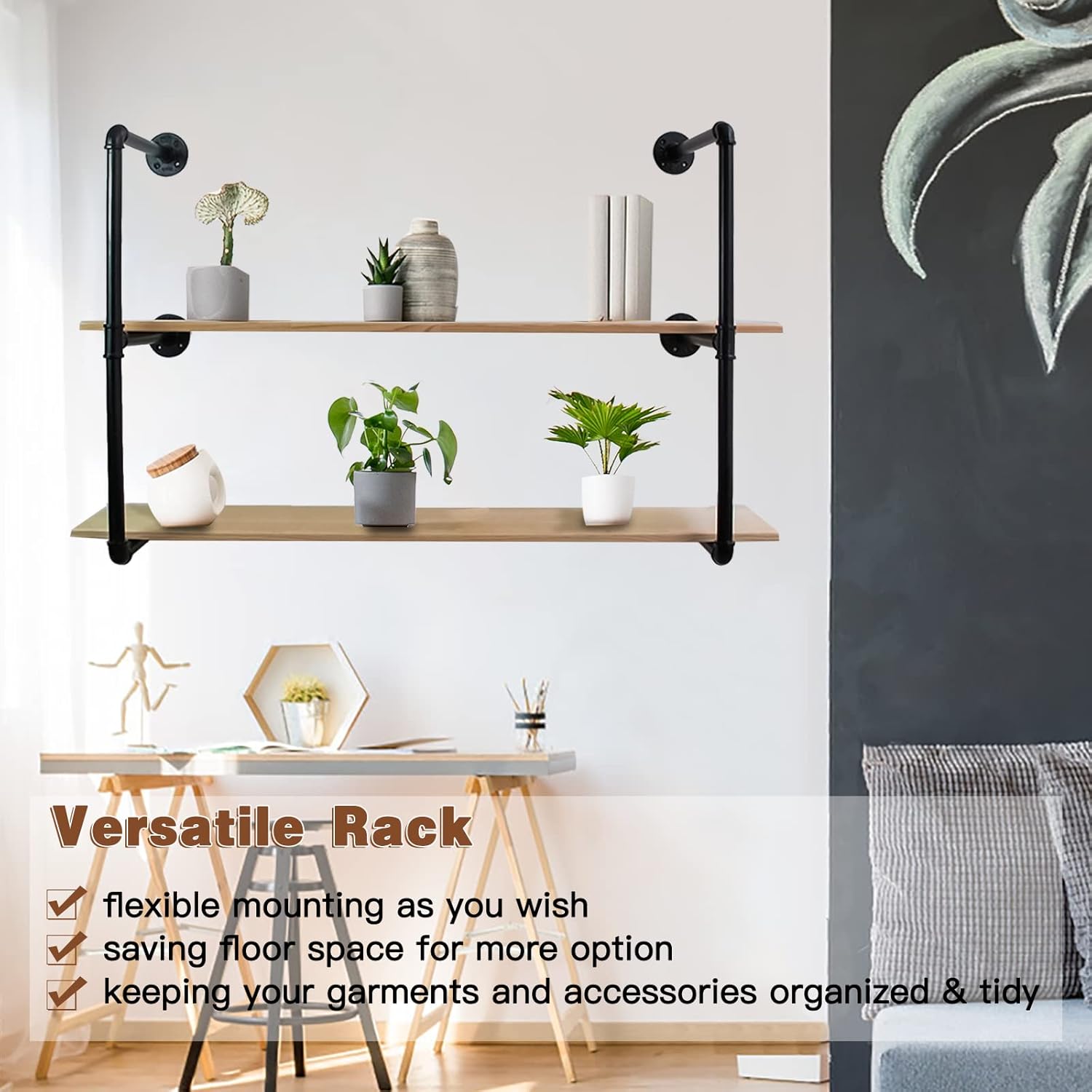 Clothes Hanger Pole Wall Mount, 72" Heavy Duty Detachable Black Iron Garment Bar Hanging Rod Holder, Clothes Rail Shelf Wardrobe Organizer for Laundry Room & Closet Storage, 3 Base