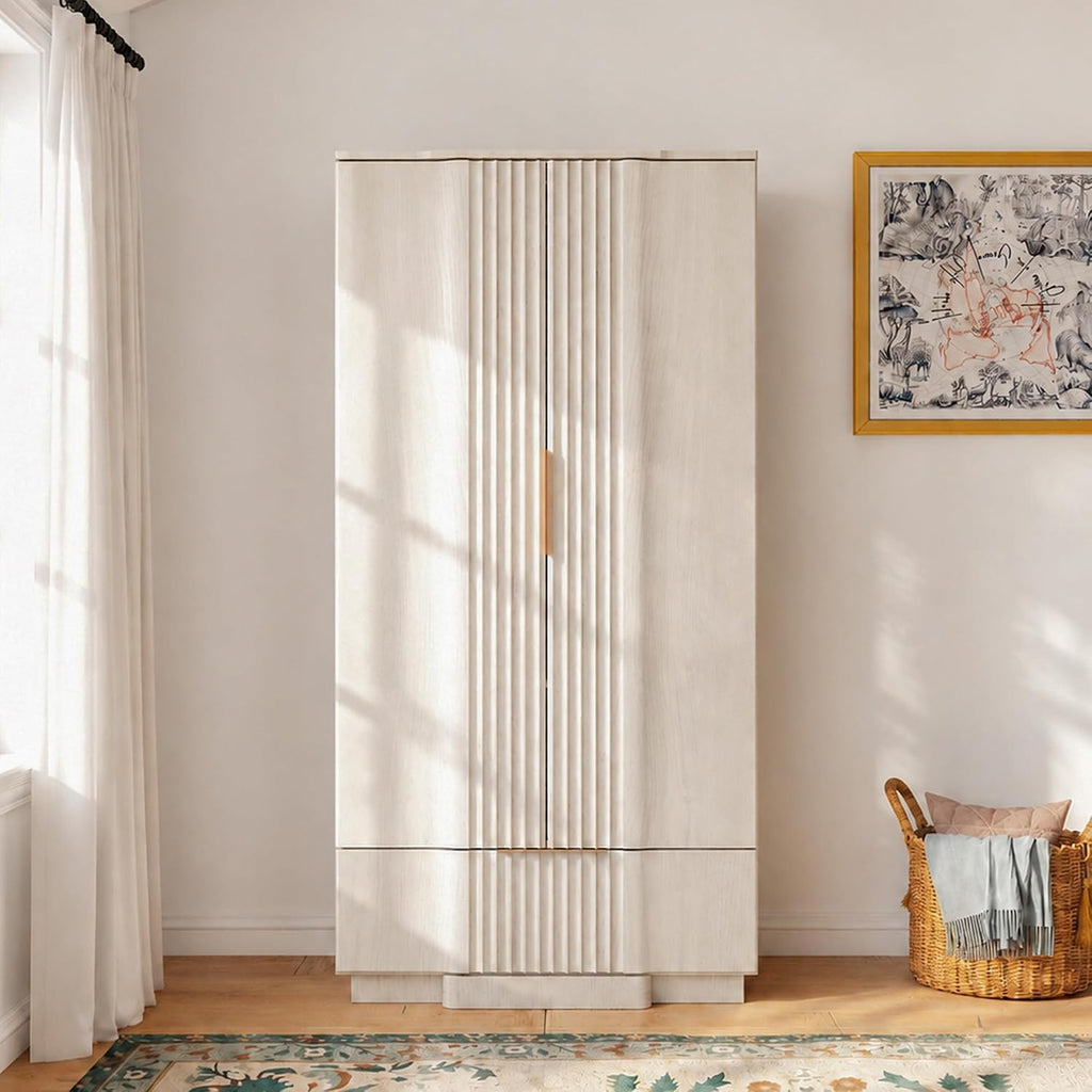 Yechen 67" Fluted Armoire Wardrobe Closet with Doors and Drawer | Wooden Wardrobe Cabinet with Adjustable Shelve, Modern Small Armoires for Hanging Clothes Coats for Bedroom, White Grey