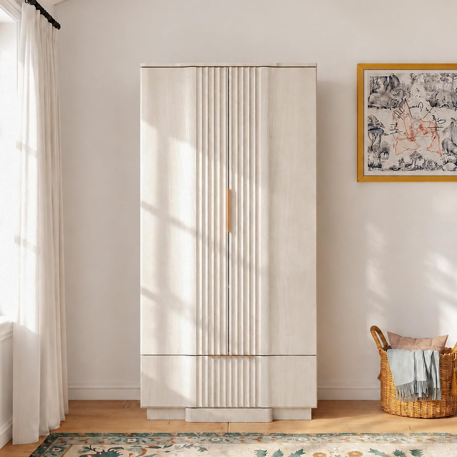 Yechen 67" Fluted Armoire Wardrobe Closet with Doors and Drawer | Wooden Wardrobe Cabinet with Adjustable Shelve, Modern Small Armoires for Hanging Clothes Coats for Bedroom, White Grey