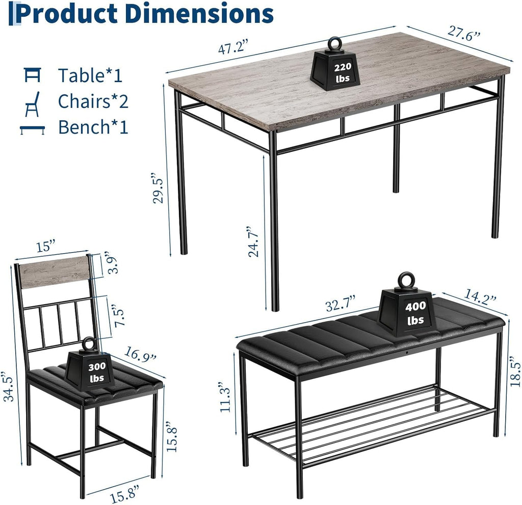 IDEALHOUSE 4-Piece Modern Dining Table Set, Kitchen Table with Upholstered Chairs and Bench, Kitchen Table Set for Small Space, Apartment, Home, Studio