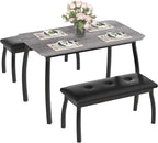 3 Piece Farmhouse Dining Table Set for 4, Compact Rustic Kitchen Table with 2 Padded Benches, Space Saving Breakfast Nook Furniture Set for Small Spaces, Apartments, Grey