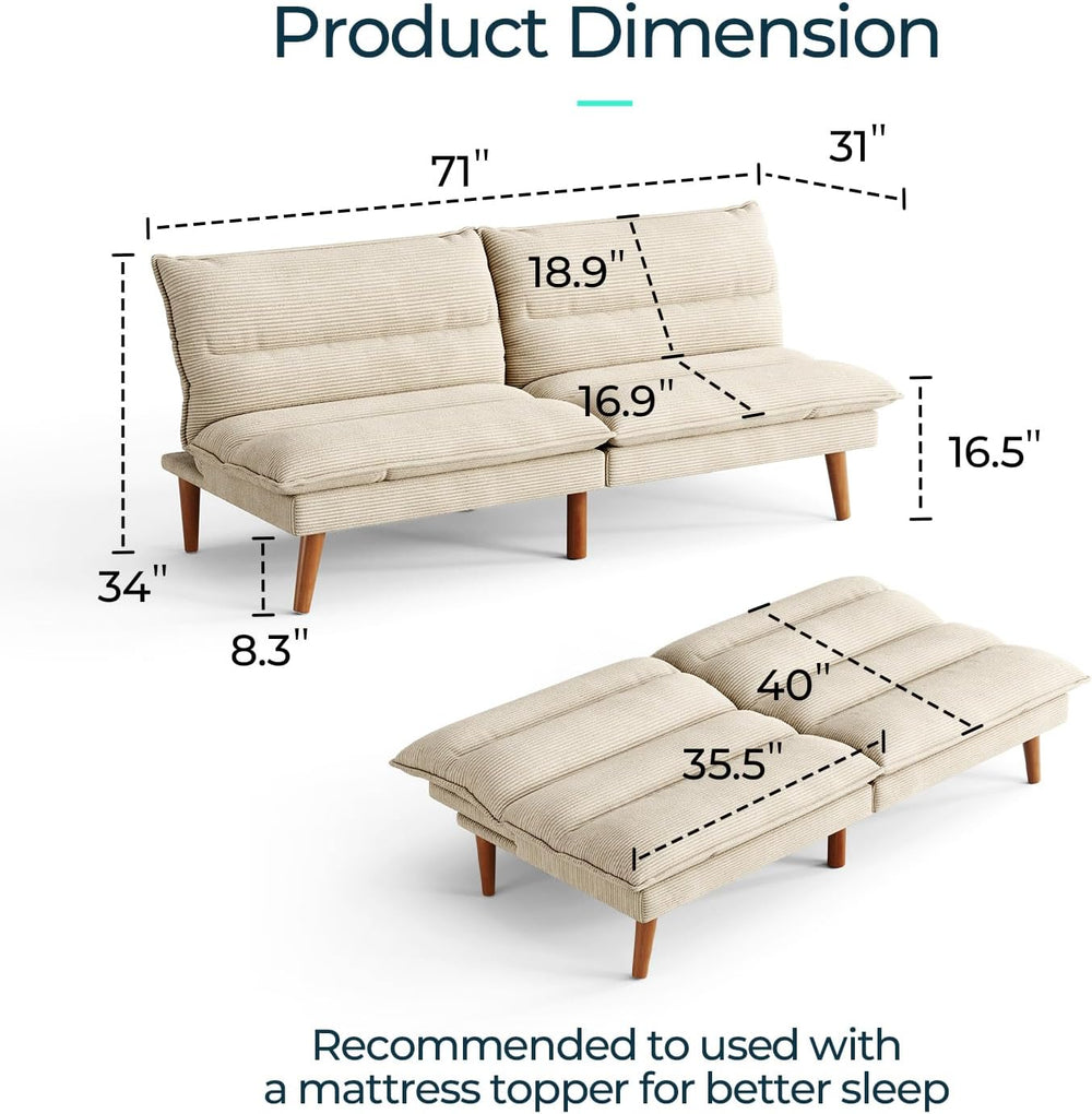 LINSY 71 Inch Futon Sofa Bed Corduroy Futon Couch with Adjustable Backrest, C...