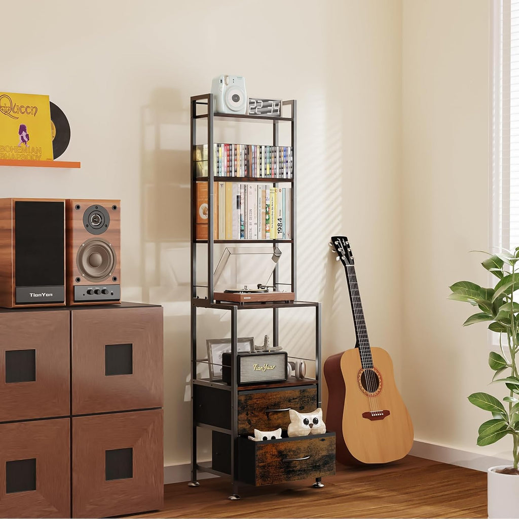 CD Rack and Storage with Two Drawers, 7-Tier DVD Shelf and Rack, CD Storage Tower and Holder for DVDs, Books and Media Games, Movie Collection and Decor, Ideal for Living Room, Home