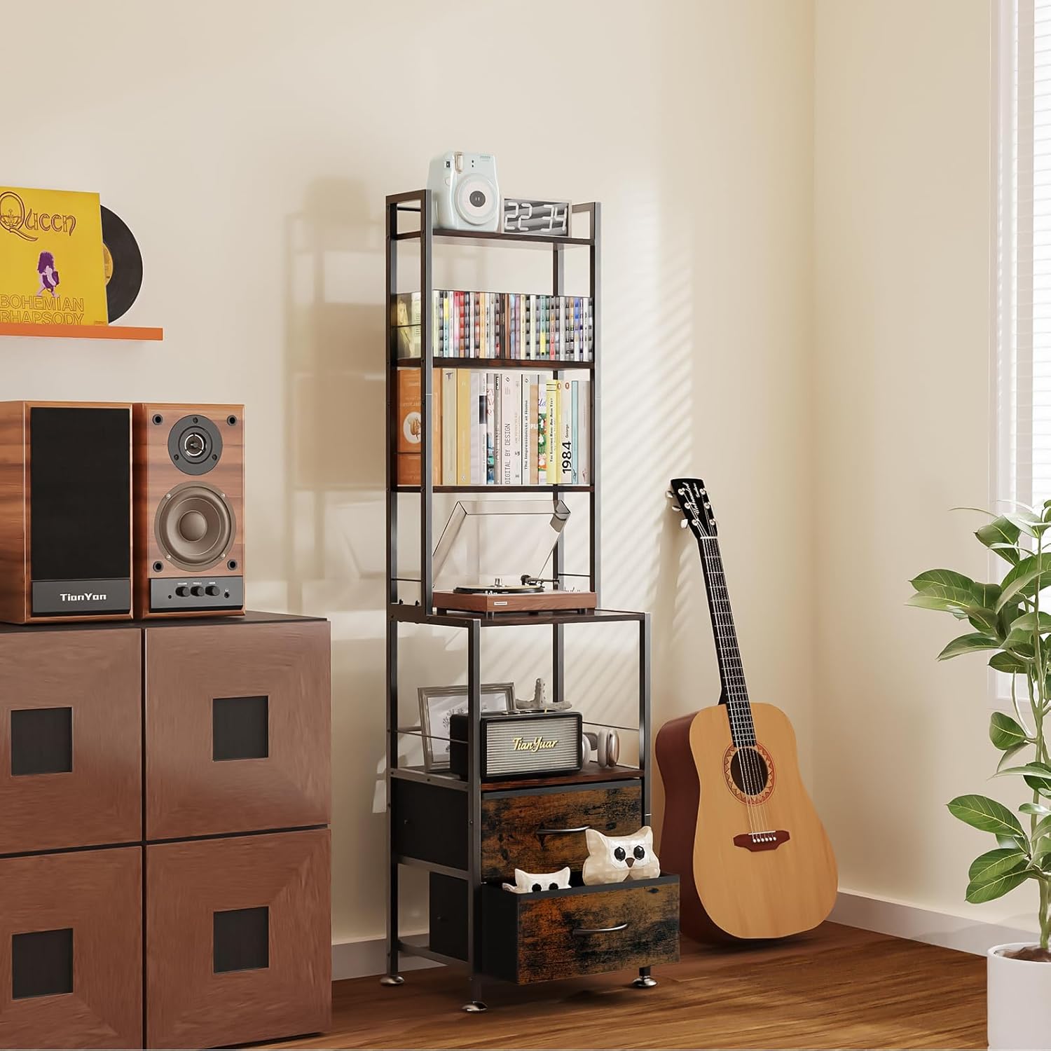 CD Rack and Storage with Two Drawers, 7-Tier DVD Shelf and Rack, CD Storage Tower and Holder for DVDs, Books and Media Games, Movie Collection and Decor, Ideal for Living Room, Home