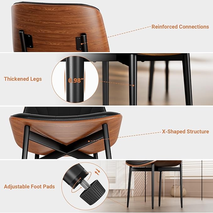 Dining Chairs Set of 6, Dining Room and Kitchen Chairs, FSC Certified Mid Century Modern Accent Chair, Upholstered PU Leather Chairs for Vanity with Walnut Bentwood and Metal Legs, Black