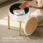 Memobarco 18-Inch Leather Vanity Stool Chair with Storage, Vanity Bench with 4 Golden Metal Legs & Anti-Slip Adjustable Feet,Round Storage Ottoman Stool with Removable Soft Padded Seat, White