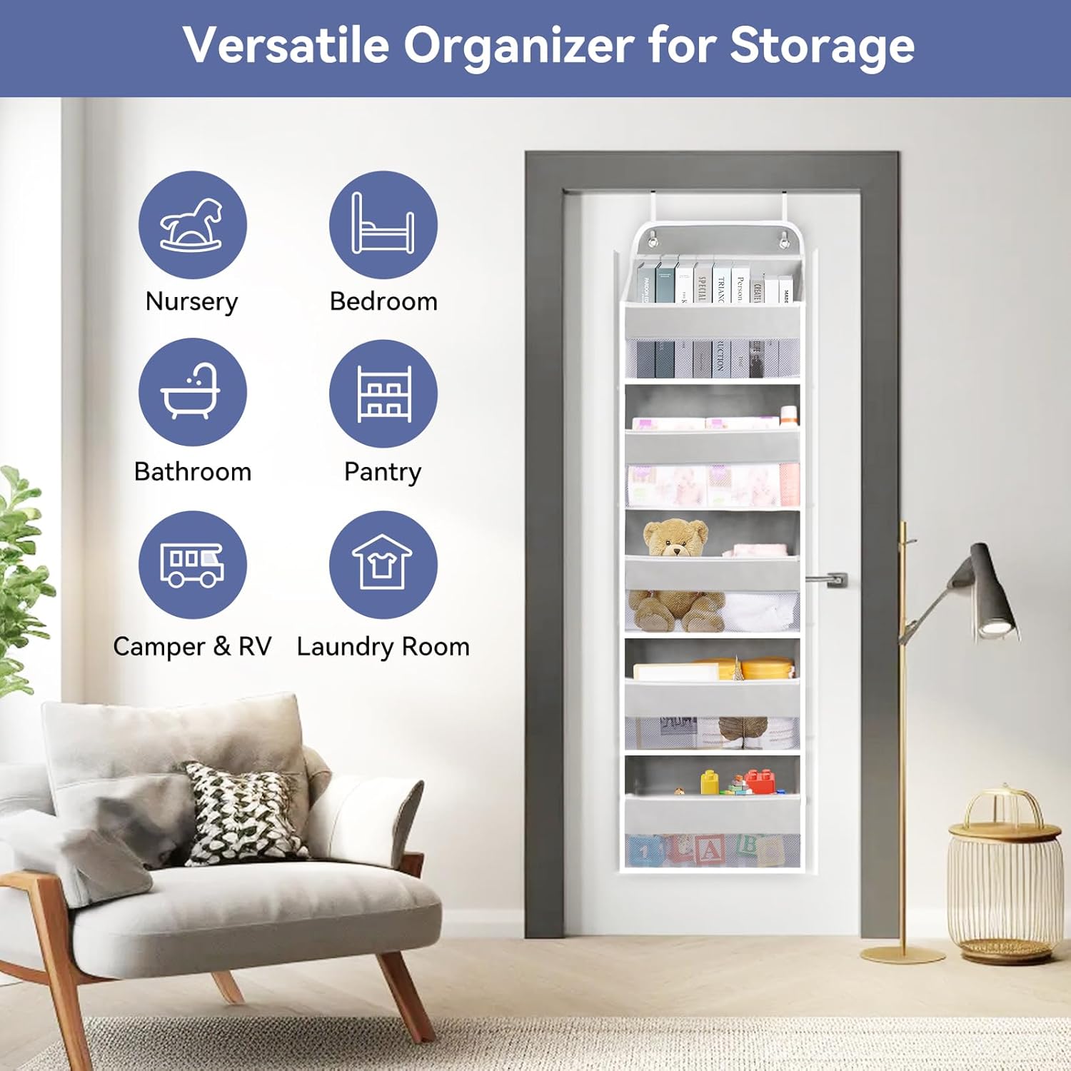 QINGUANG Over The Door Organizer,Hanging Organization and Storage, Behind Door Organizer with Side Pockets, 44 lbs Capacity,Anti Tilt, for Nursery, Bathroom, Bedroom,Dorm (5-Shelf)