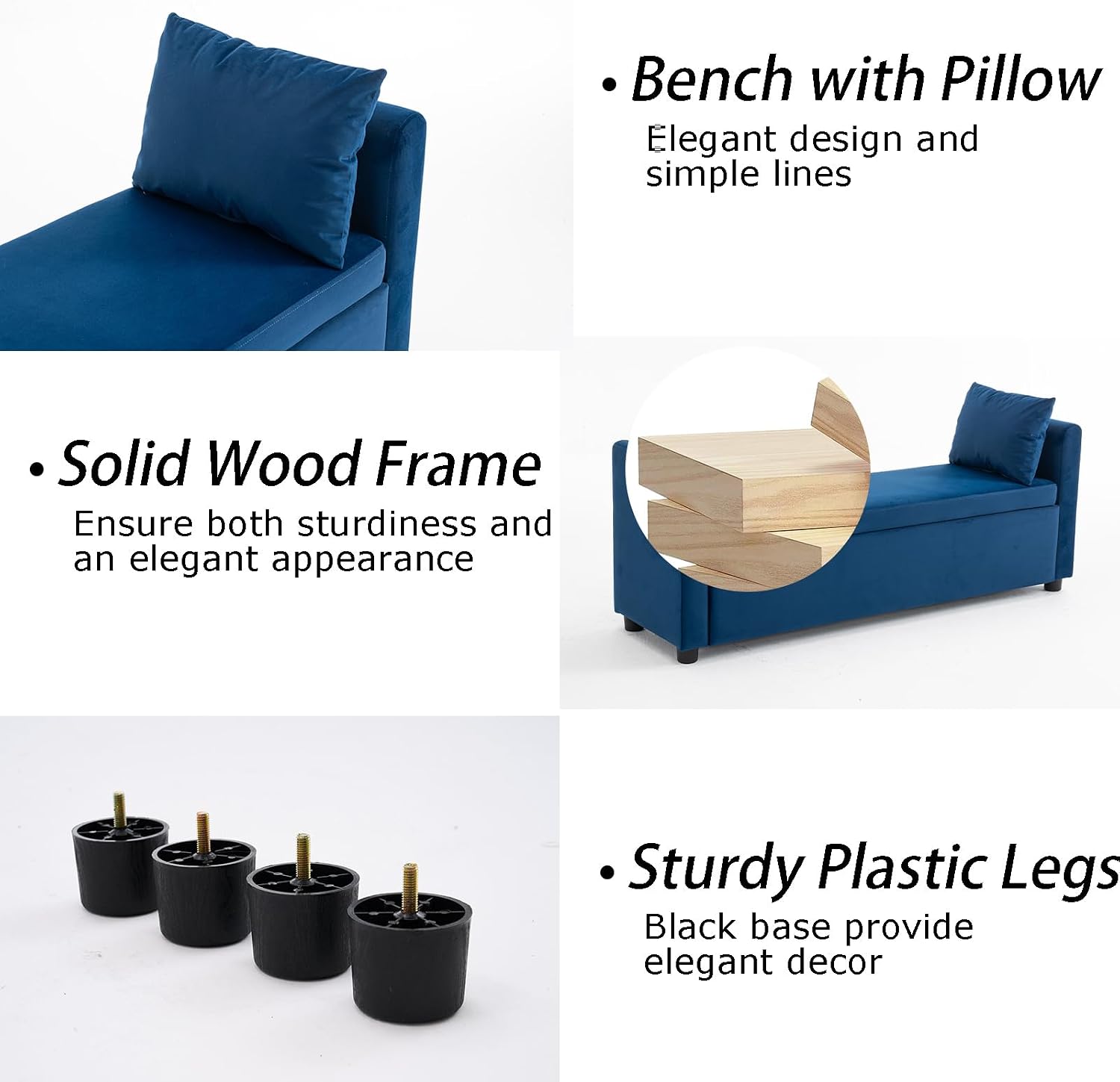 55" Navy Storage Bench for Bedroom King Size Bed, Velvet | Long Ottoman, Modern End of Bed Bench, with Arm, Upholstered, For Bedroom/Living Room/Window/Entryway